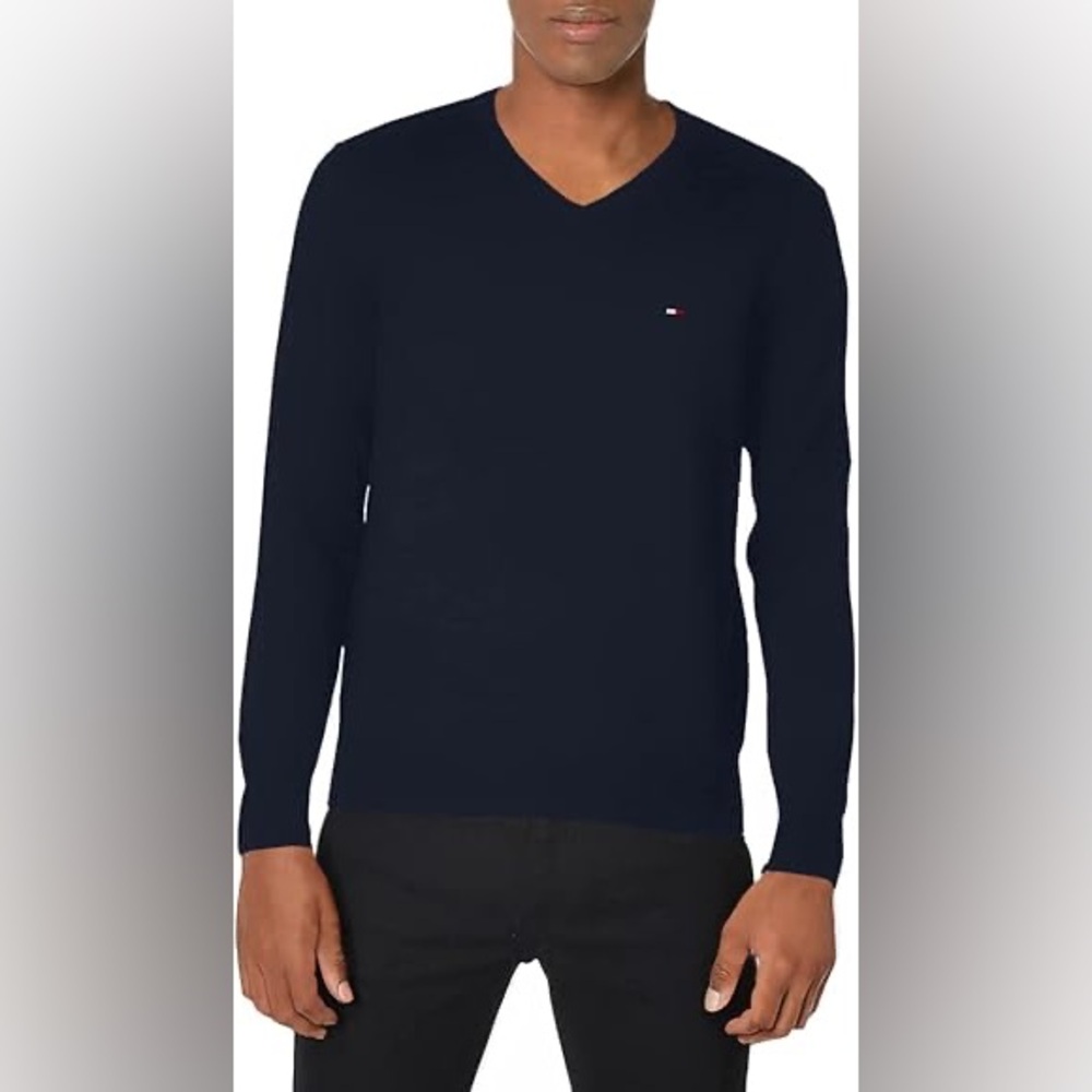 #49 Tommy Hilfiger Men's Blue Navy Classic V-Neck Cotton Sweater , Size XXL